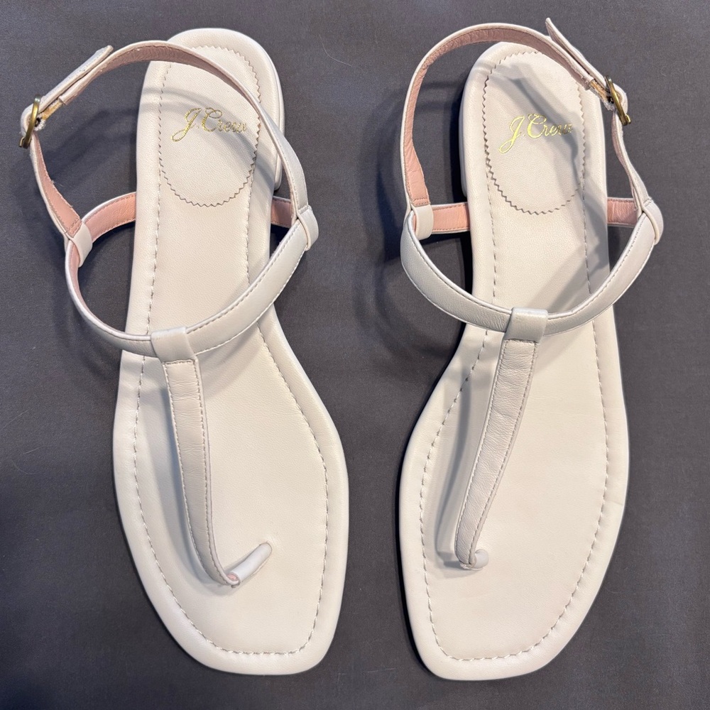 J. Crew White Leather T-Strap Sandals with Pale Pink Accent